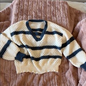 SHEIN Cream and Blue V-Neck Sweater